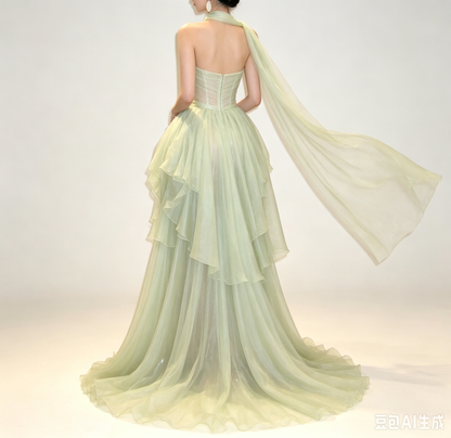 Vintage Light Green Strapless A-Line Tulle Evening Gown TP6076
