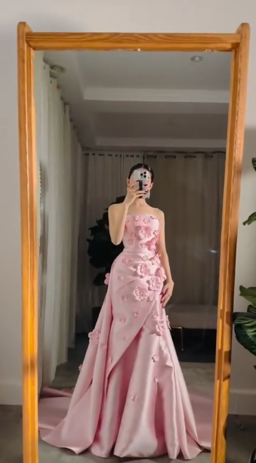 Vintage Pink Strapless Ball Gown 3D Floral Satin Prom Dress TP5572