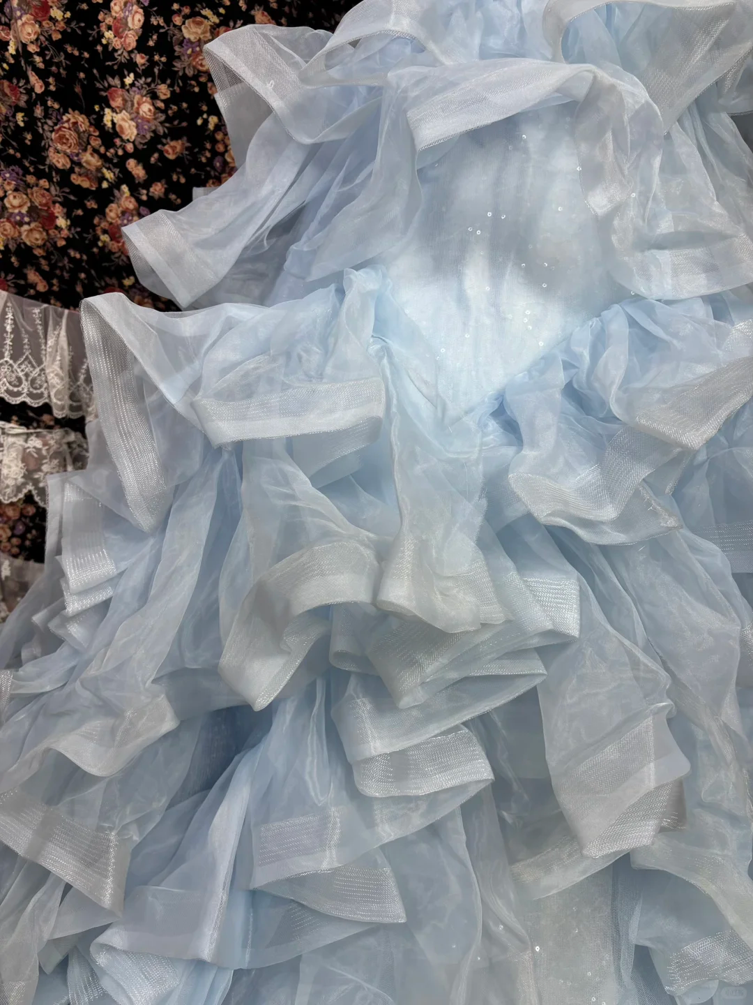 Enchanting Sky Blue Strapless Ruffled Tulle & Floral Applique Sweet 16 Quinceanera Ball Gown TP5338