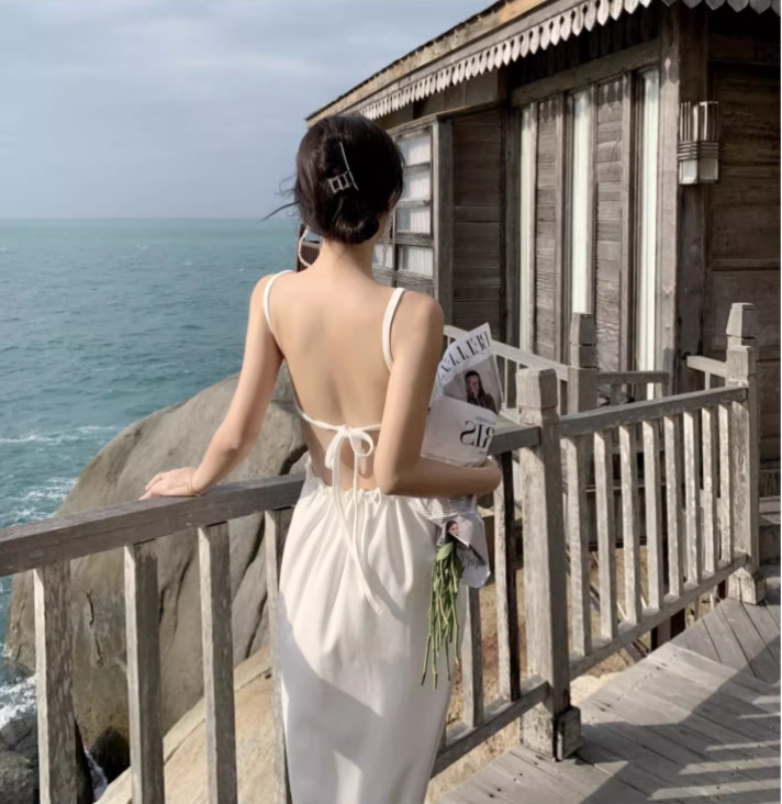 New Stylish White Sleeveless Backless Beach Spaghetti Strap Dress TP2971