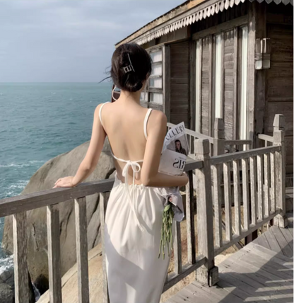 New Stylish White Sleeveless Backless Beach Spaghetti Strap Dress TP2971