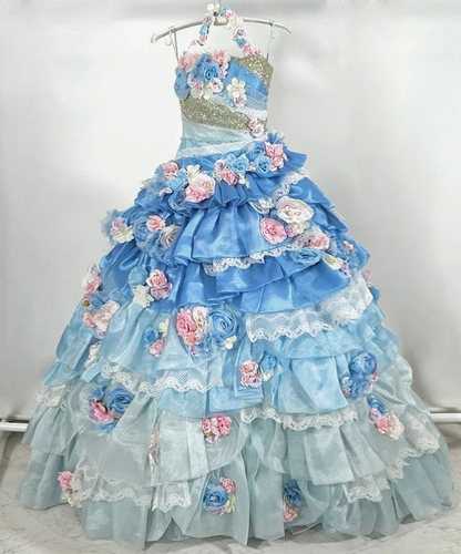 Glamorous Ombre Blue Floral Halter Neck Ruffled Tulle 3D Roses Sweet 15 Quinceanera Ball Gown TP5489