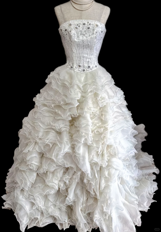 Vintage Ivory Strapless Ruffled Tulle Beaded A-Line Wedding Dress TP5492
