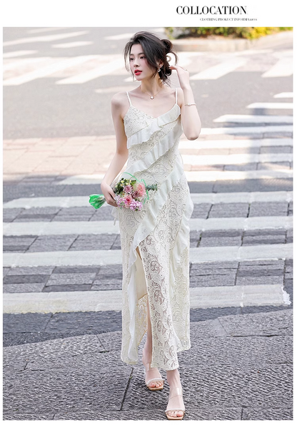 Vintage Fashion Beige Irregular Ruffled Hem Design Elegant A-line Spaghetti Strap Dress TP3354