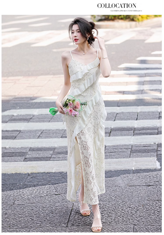 Vintage Fashion Beige Irregular Ruffled Hem Design Elegant A-line Spaghetti Strap Dress TP3354