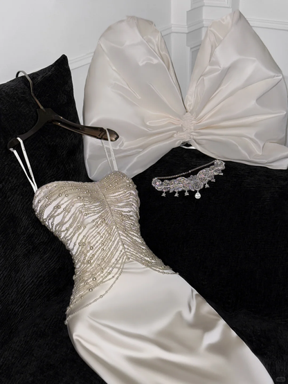 Elegant Ivory Sweetheart Satin Beaded Design Gorgeous Mermaid Floor-length Wedding Dress TP4169