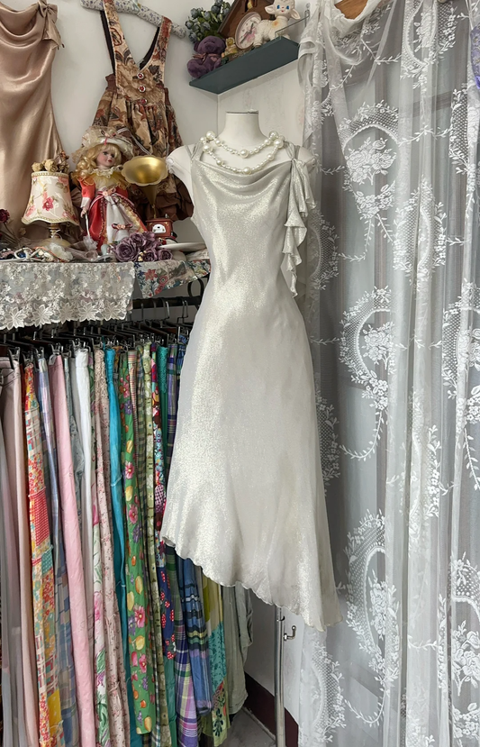 Vintage Silvery Irregular Hem Design A-Line Spaghetti Strap Prom Dress Evening Dress TP4206