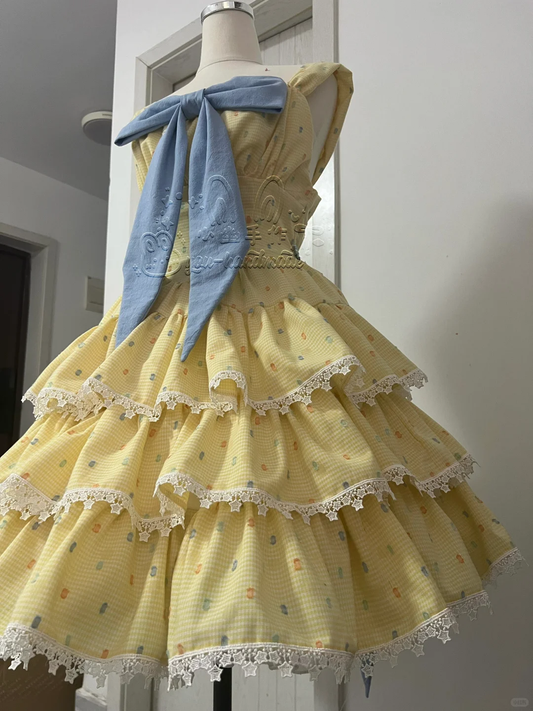 Cute Yellow Floral Lace Hem Design Tiered Party Dress Homecoming Dress TP4241