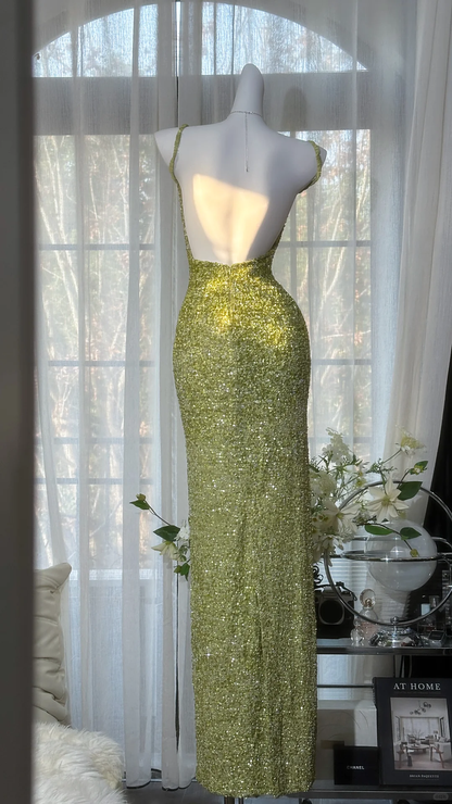 Vintage Lime Green Sequin Square Neck Maxi Prom Dress Spaghetti Strap Glitter Evening Gown for Wedding Guest TP5737