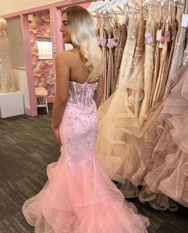 Vintage Pink Applique Strapless Sequin Evening Gown Mermaid Sweetheart Party Dress Long Formal Dress TP4972