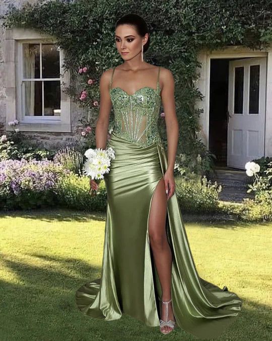 Simple Green Satin Strapless Slit Sequin Mermaid Prom Dress Evening Dress TP2770
