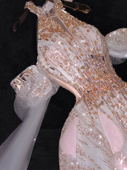 Gorgeous Shiny Pink Beaded Sequined Design A-Line Prom Dress Evening Dress Ball Gown TP4217