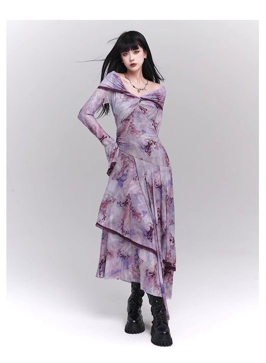 Fashion Butterfly Pattern Gothic Style Bell Sleeve Design Long-sleeved Dress TP2933