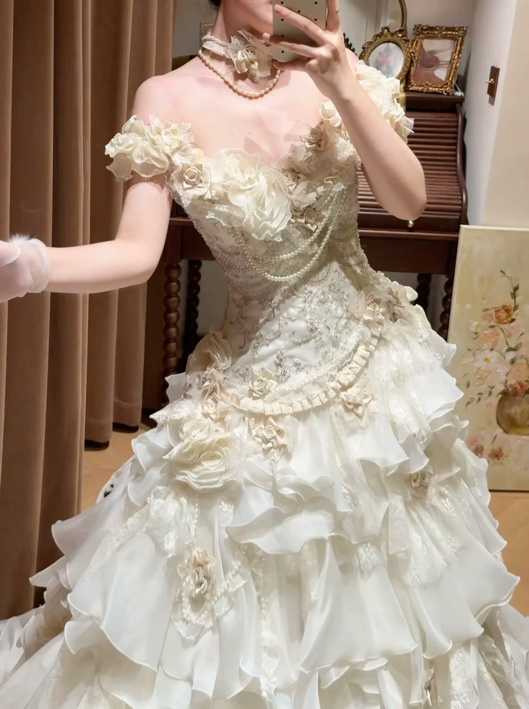 Vintage Ivory Off-the-Shoulder Embroidery Ruffled Tulle Wedding Dress TP5450