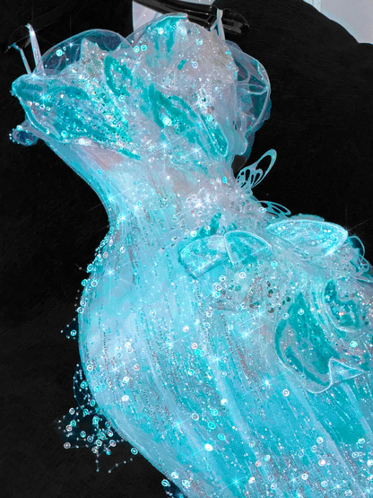 Gorgeous Sparkling Blue Beaded Sequin Mermaid Elegant Chiffon Tulle Evening Dress Prom Dresses TP4142