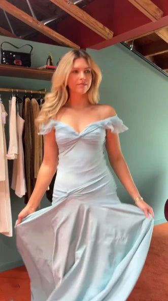 Elegant Light Blue Off-the-Shoulder Ruffled Prom Dress Evening Gown TP5730