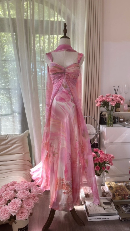 Retro Pink Sweetheart Floral Elegant Design A-line Romantic Chiffon Evening Dress Prom Dress TP4003