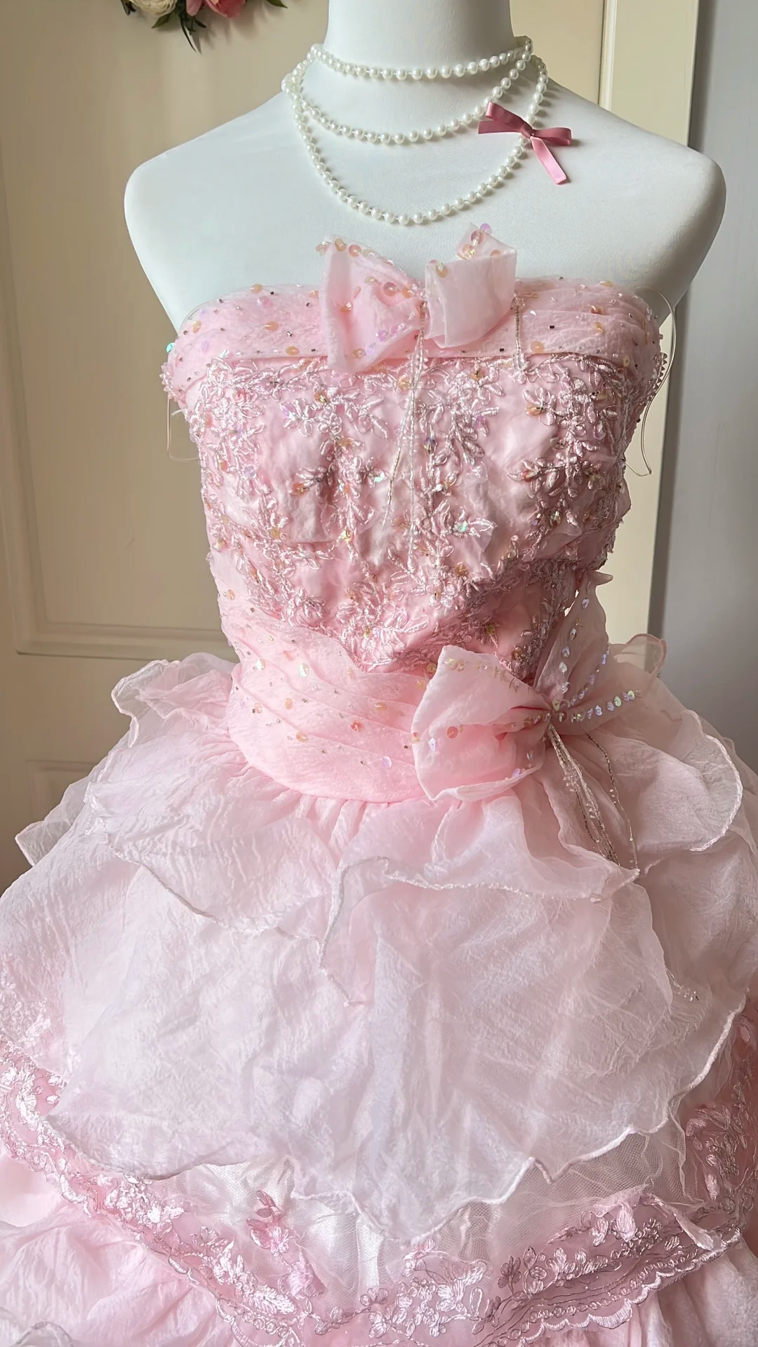 Vintage Pink Tiered Lace & Bow Applique Quinceanera Ball Gown TP5838