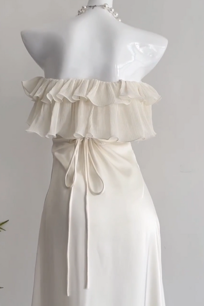 Vintage Ivory Strapless Prom Dress Sheath Ruffled Evening Gown Chiffon Party Dress Long Formal Dress TP4892