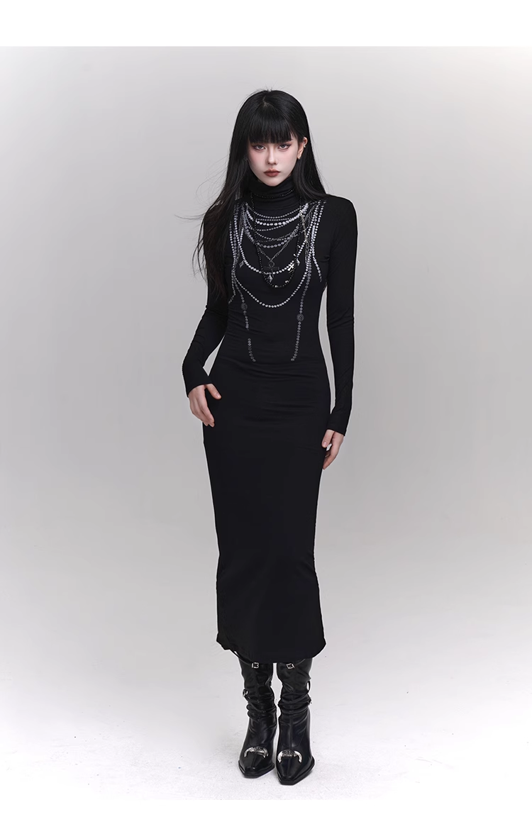 New fashion Dress Chain Design Black Turtleneck Knitted Base Long-sleeved Dress TP2940