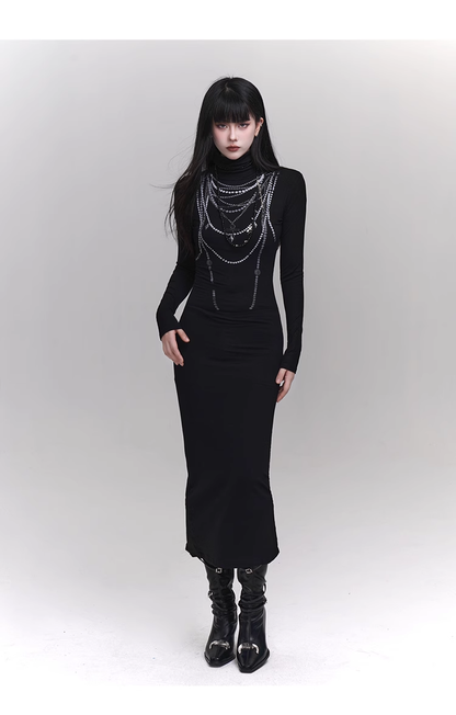 New fashion Dress Chain Design Black Turtleneck Knitted Base Long-sleeved Dress TP2940