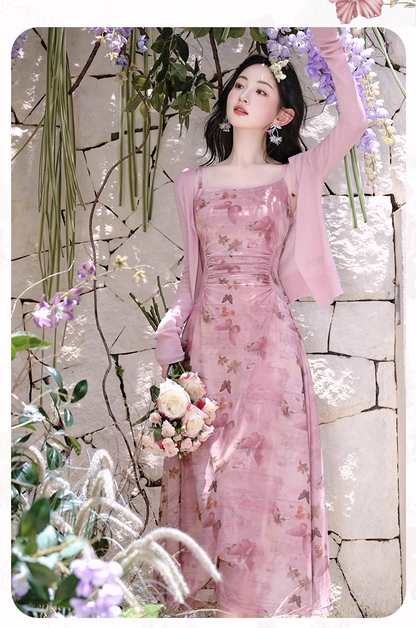 Retro Fashion Pink Flora Design Beach Holiday A-line Spaghetti Strap Dress TP3367