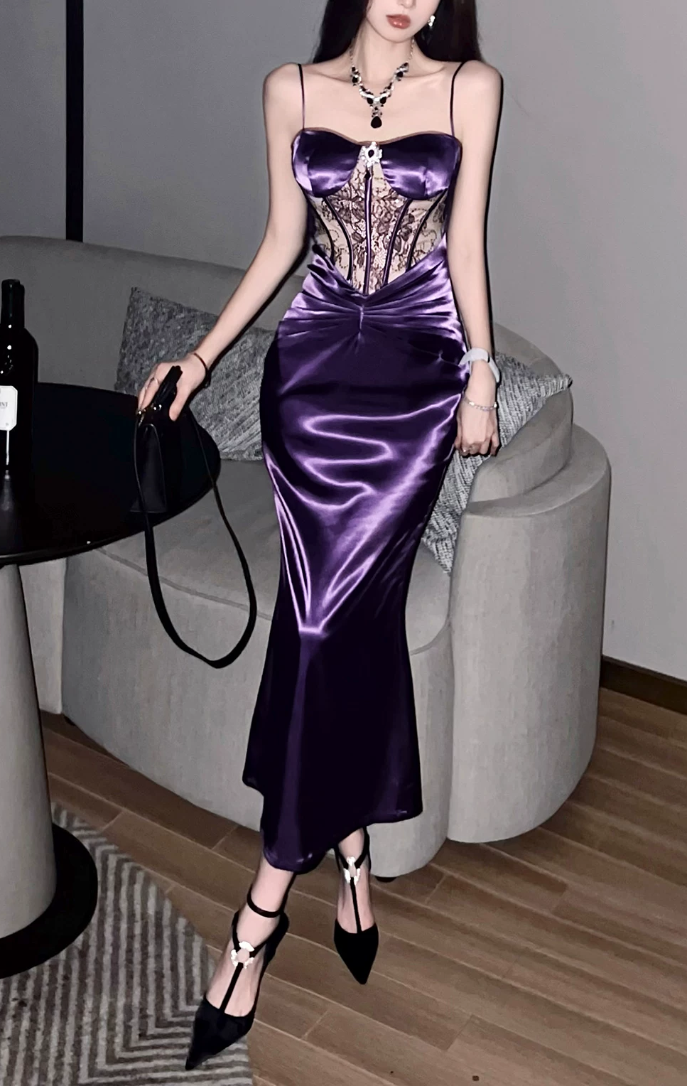 Elegant Purple Satin Spaghetti Straps Sheer Lace Corset Bodycon Prom Dress TP6108