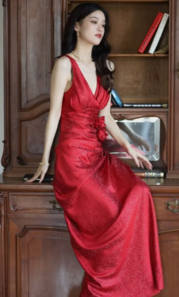 Vintage Burgundy V-Neck Sleeveless Mermaid Ruched Waist Floral Prom Dress TP5848