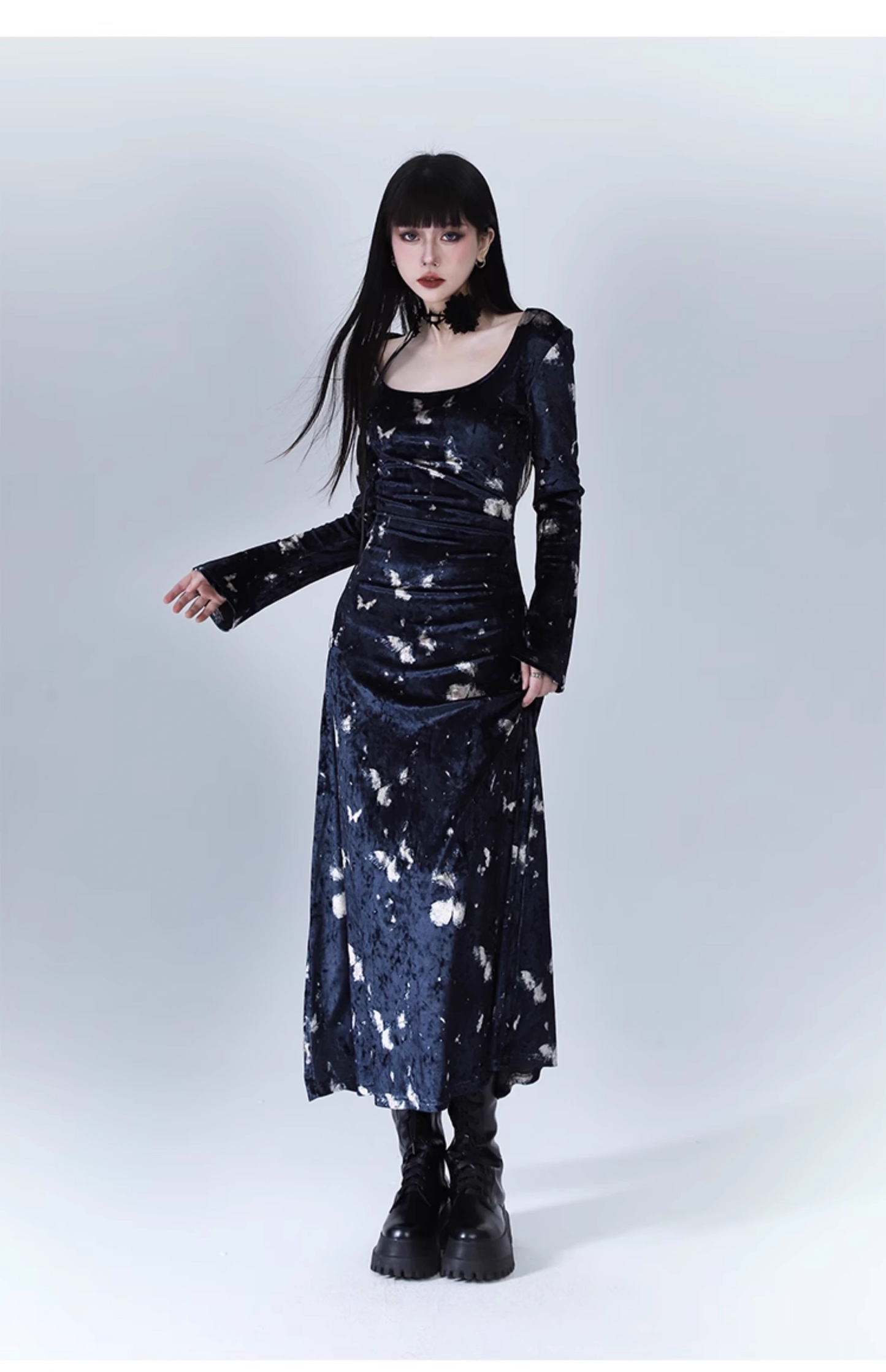 New Fashion Butterfly Pattern Design Sense Navy Blue Long-sleeved Dress TP2939