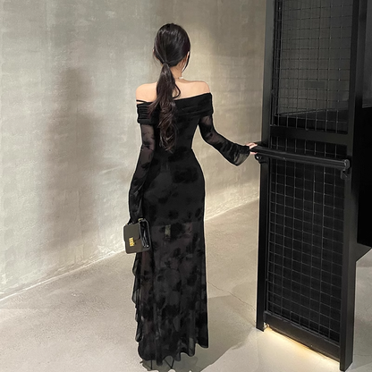 Elegant Black Party Slim-fit Split Dress One-shoulder Long-sleeved Dress TP2900