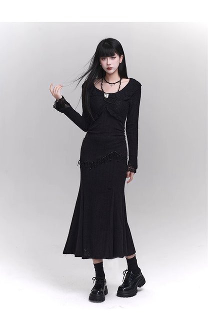 Elegant Fashion Tassels Lace Cuff Design Long-sleeved Dress TP2947