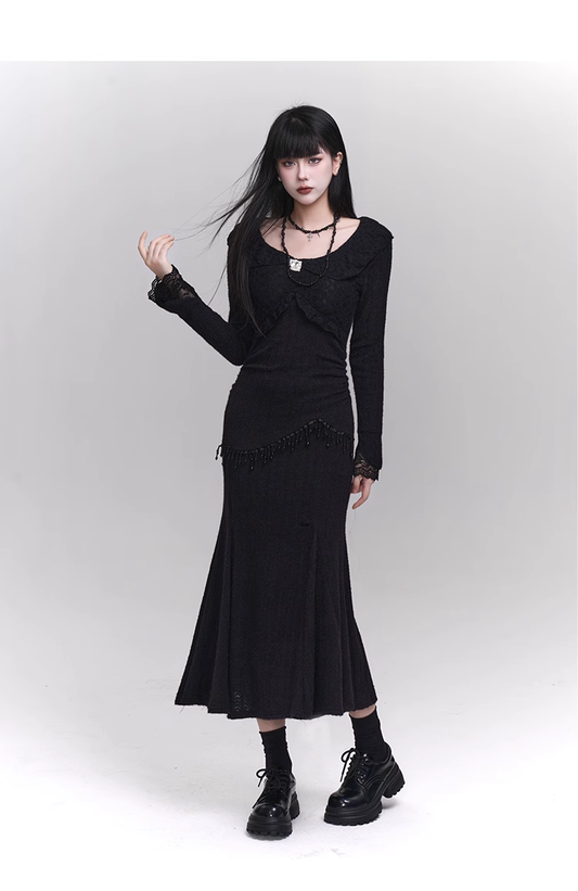 Elegant Fashion Tassels Lace Cuff Design Long-sleeved Dress TP2947