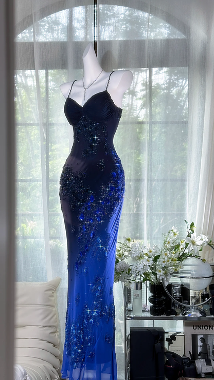 Gorgeous Navy Blue Sparkling Beaded V-neck Elegant Mermaid Chiffon Evening Dress Prom Dresses TP4146