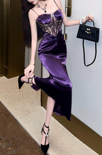 Elegant Purple Satin Spaghetti Straps Sheer Lace Corset Bodycon Prom Dress TP6108