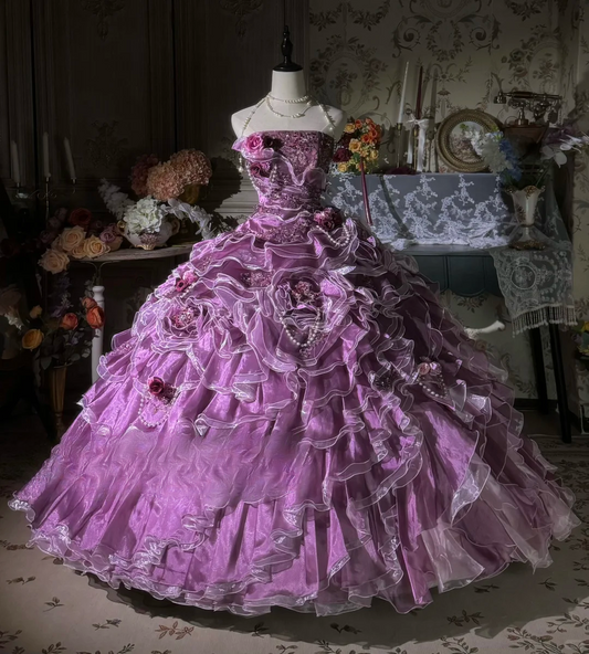 Elegant Lilac Strapless Ruffled Floral & Pearl Embellishments Layered Tulle Ball Gown TP5131