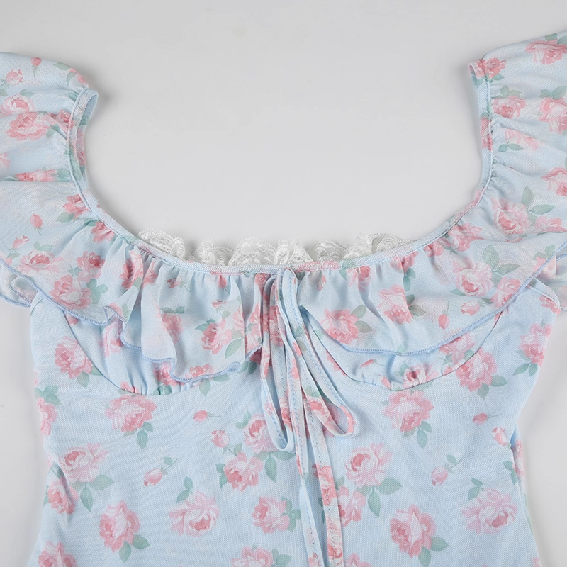 Cute Light Blue Floral Square-neck A-Line Short Summer Dresses Party Dress Homecoming Dress TP4341