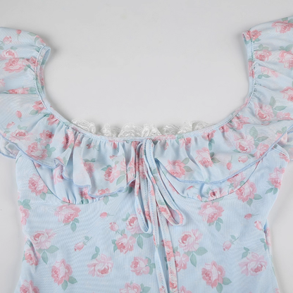 Cute Light Blue Floral Square-neck A-Line Short Summer Dresses Party Dress Homecoming Dress TP4341