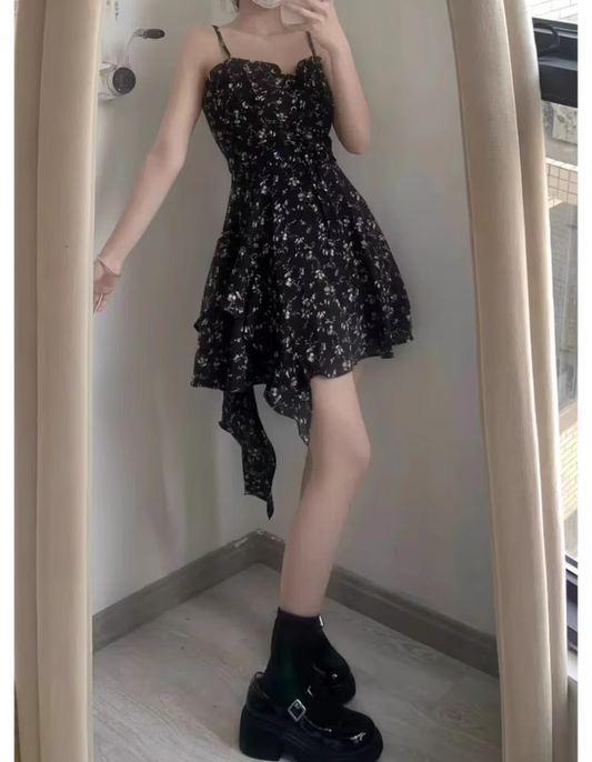 New Fashion Floral Design A-line Black High-waist Sleeveless Spaghetti Strap Dress TP3258