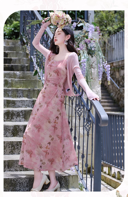 Retro Fashion Pink Flora Design Beach Holiday A-line Spaghetti Strap Dress TP3367
