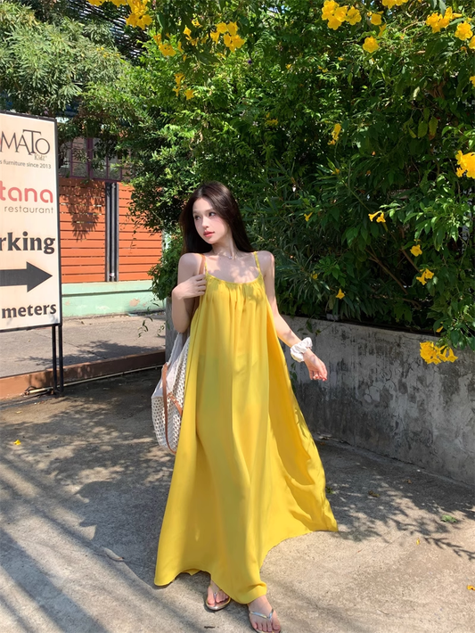 New Fashion Yellow Loose-fitting Design A-line Spaghetti Strap Dress TP3431
