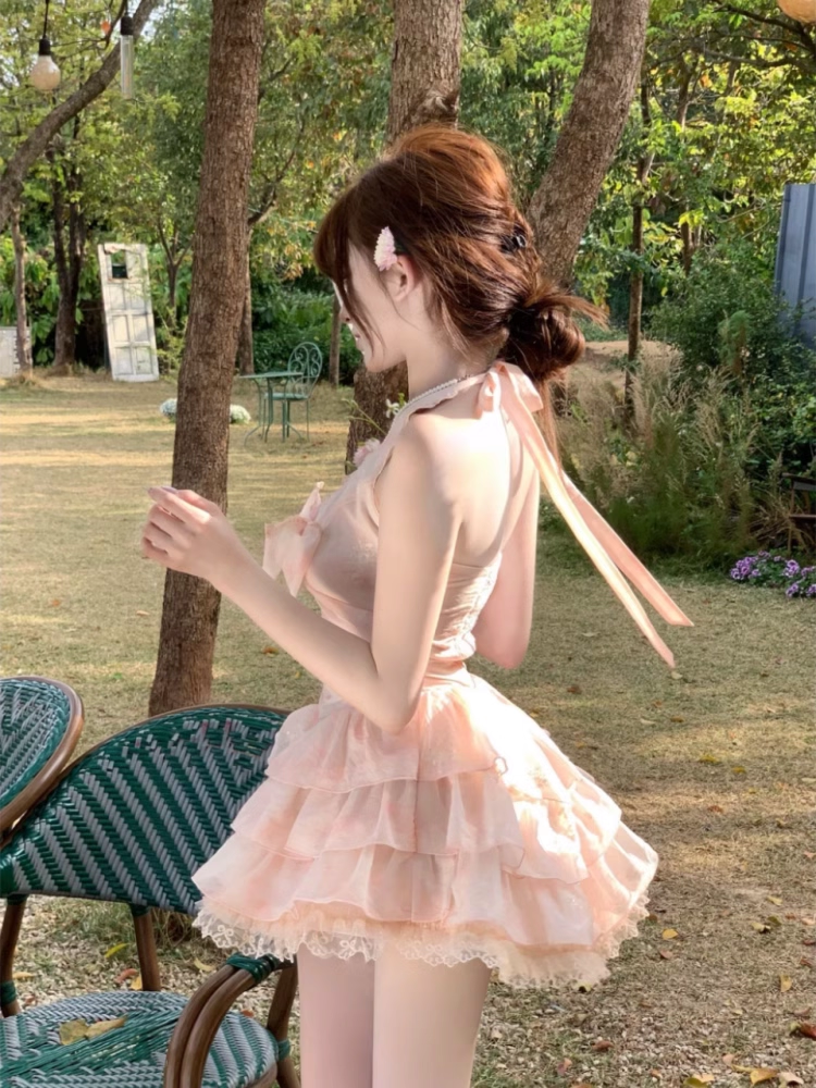 Vintage Pink A-Line Halter-neck Tiered Homecoming Dress Party Dress Cocktail Dress TP4721