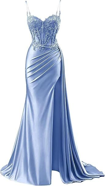 Vintage Sheath Applique Sweetheart Satin Evening Gown Spaghetti Strap Party Dress Slit Long Formal Dress TP4901