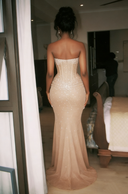 Vintage Champagne Shiny Mermaid Sleeveless Strapless Long Prom Dress Evening Dress TP2652