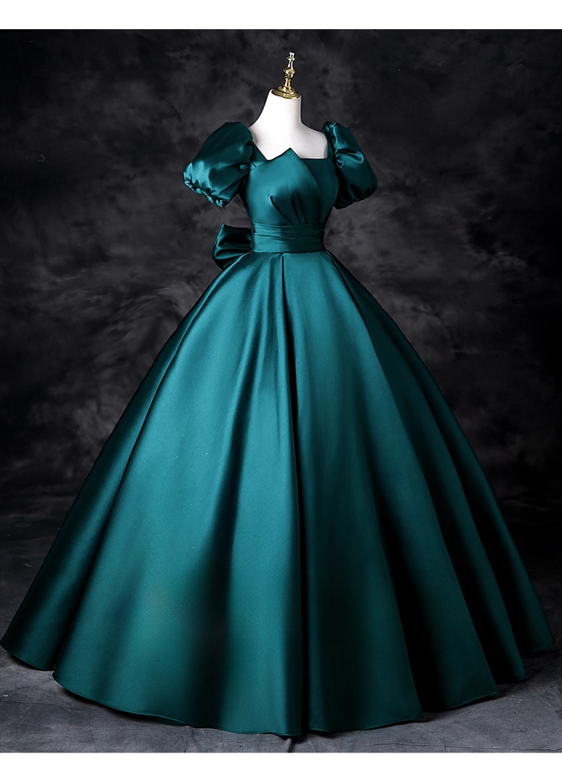 Elegant Dark Green Satin Sweet 16 Puff Sleeves A-Line Quinceanera Ball Gown TP5200