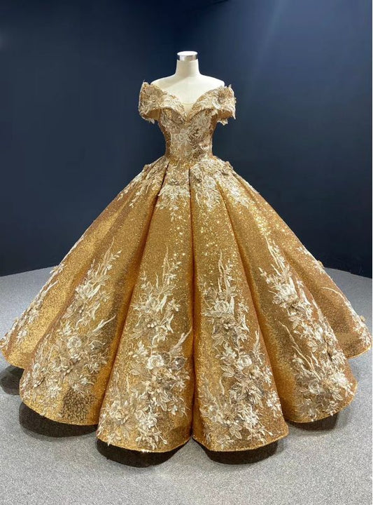 Elegant Gold Sequins Glittering Tulle Off-Shoulder Quinceanera Ball Gown TP5255