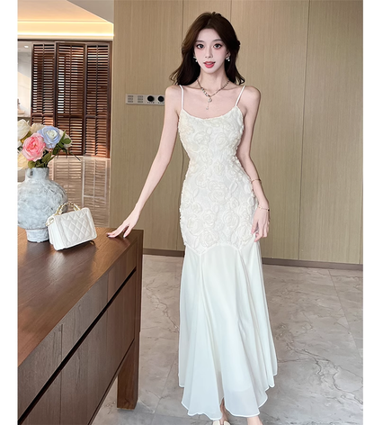 Simple White Three-dimensional Rose Embroidery Design Mermaid Sleeveless Spaghetti Strap Dress TP3323