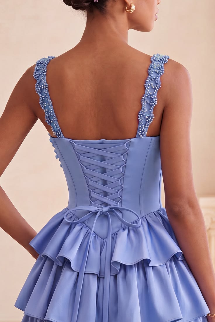 Cute 3D Floral Beaded Straps Tiered Ruffle Satin A-Line Cocktail Party Homecoming Dress TP5937