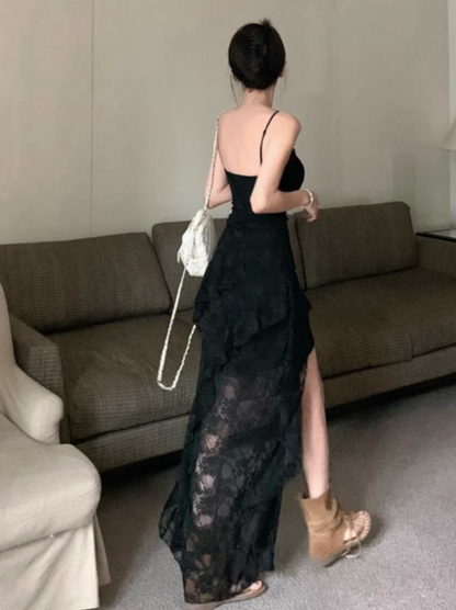 Fashion Black Irregular Ruffled Lace Hem Dress A-line Sleeveless Spaghetti Strap Dress TP3260