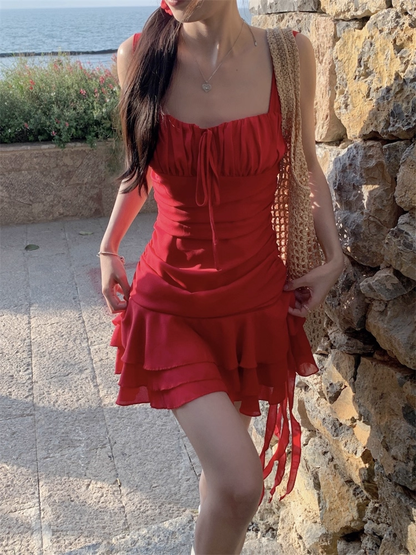 Vintage Red A-Line Tiered Homecoming Dress Party Dress Cocktail Dress TP4722