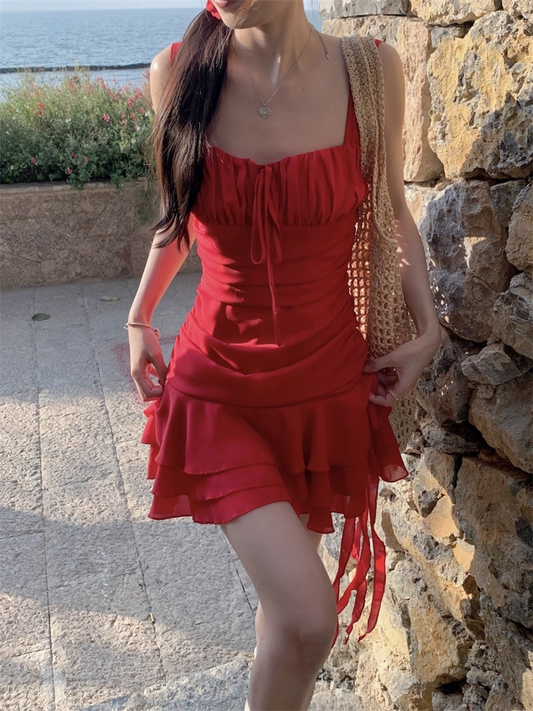 Vintage Red A-Line Tiered Homecoming Dress Party Dress Cocktail Dress TP4722